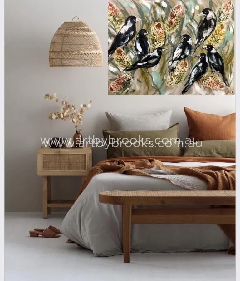 Daily Magpies and golden banksia -Original on Belgian linen  90x120 Cm