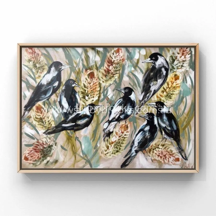 Daily Magpies and golden banksia -Original on Belgian linen  90x120 Cm