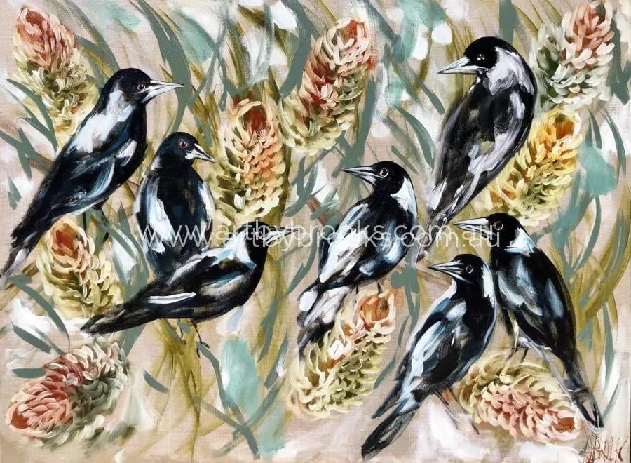 Daily Magpies and golden banksia -Original on Belgian linen  90x120 Cm