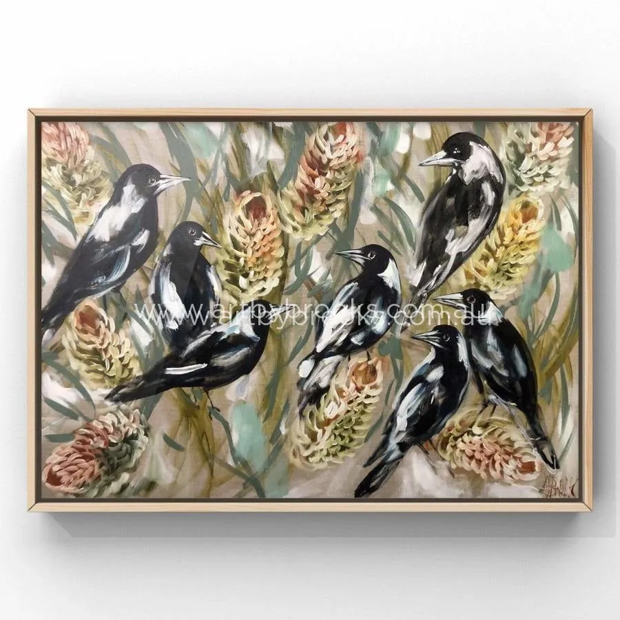 Daily Magpies and golden banksia -Original on Belgian linen  90x120 Cm