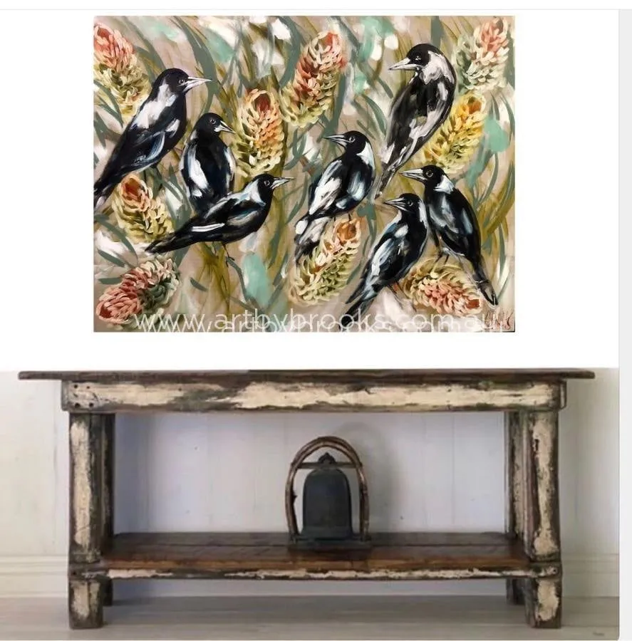 Daily Magpies and golden banksia -Original on Belgian linen  90x120 Cm