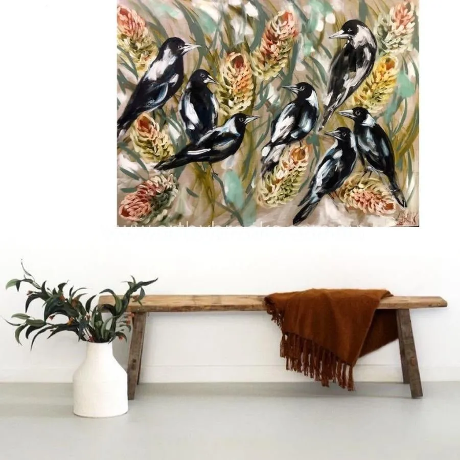 Daily Magpies and golden banksia -Original on Belgian linen  90x120 Cm