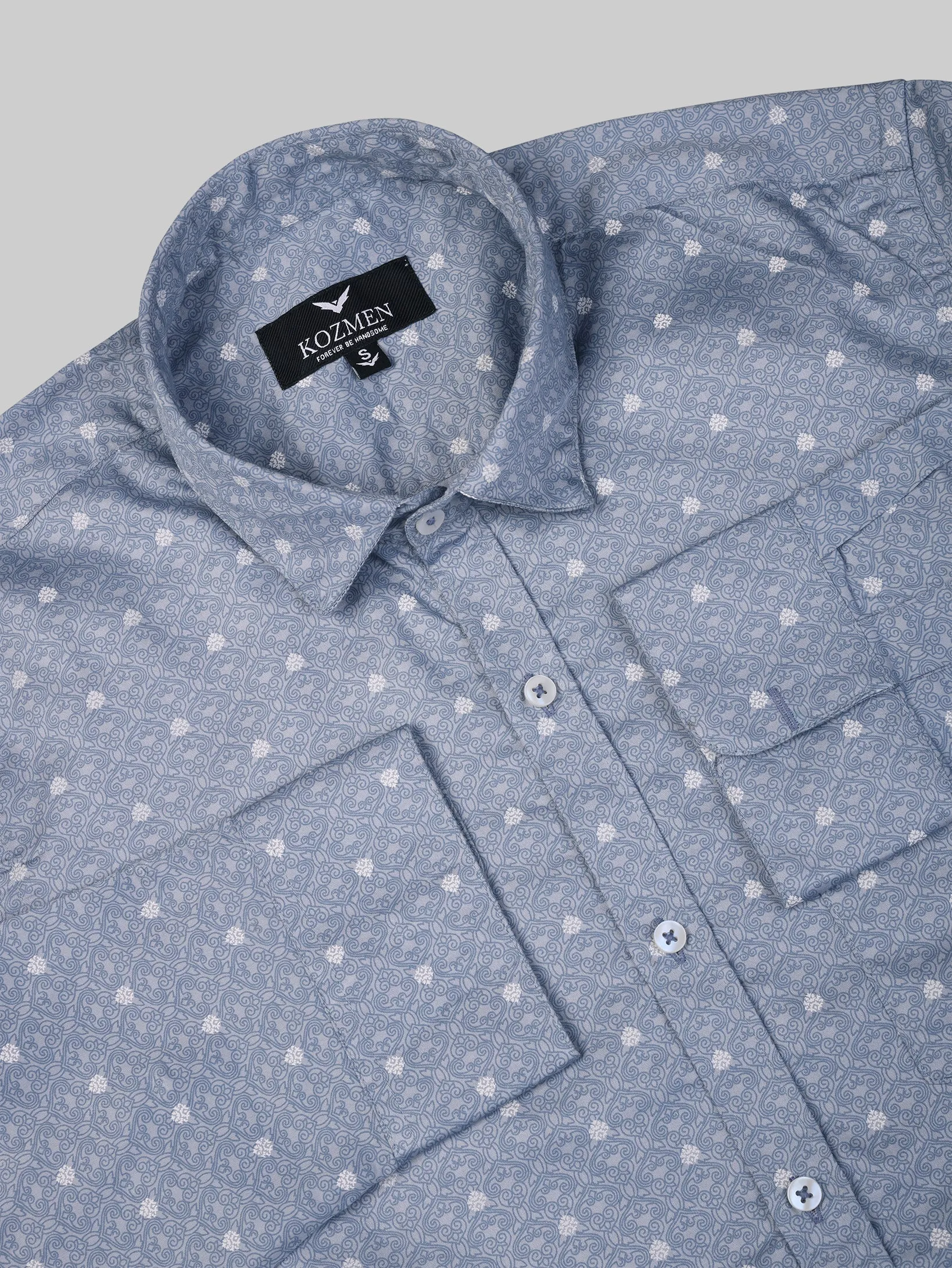 Damask Print Light Blue & Gray Cotton Shirt