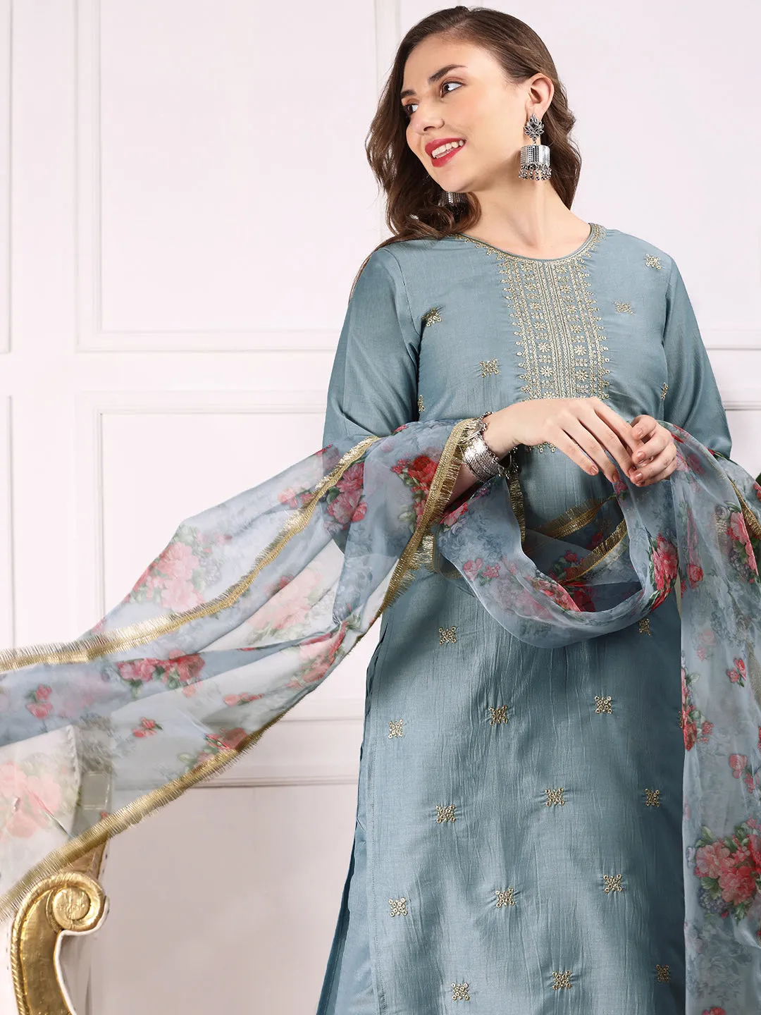 Ethnic Motifs Embroidered Thread Work Straight Chinon Kurta with Trousers & Dupatta