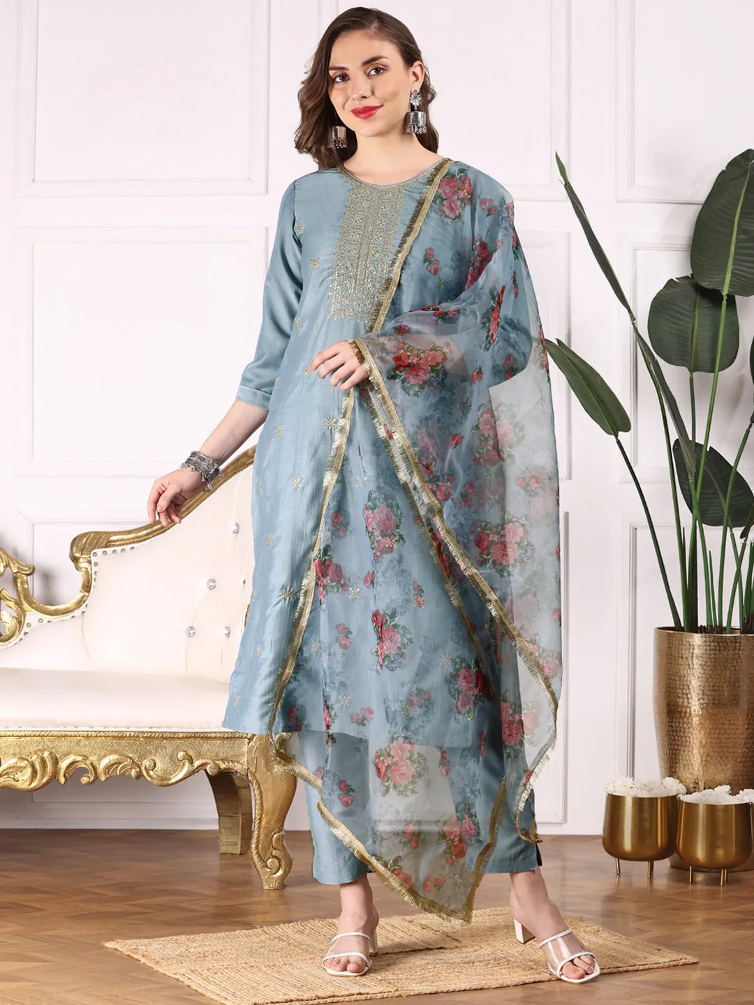 Ethnic Motifs Embroidered Thread Work Straight Chinon Kurta with Trousers & Dupatta