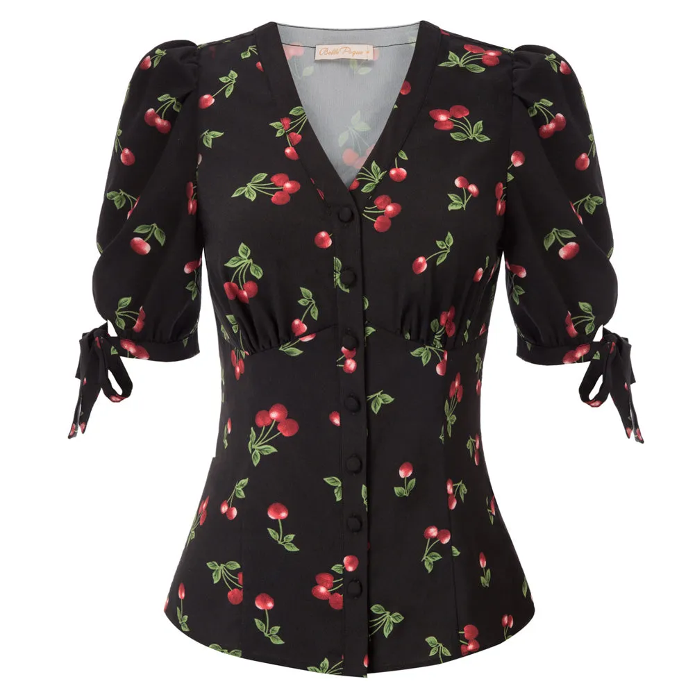 Floral Pattern Short Puff Sleeves V-Neck Button Placket Blouse