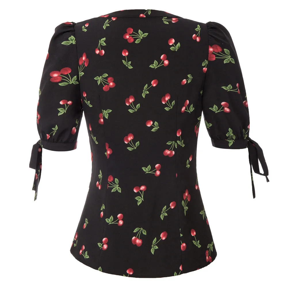 Floral Pattern Short Puff Sleeves V-Neck Button Placket Blouse