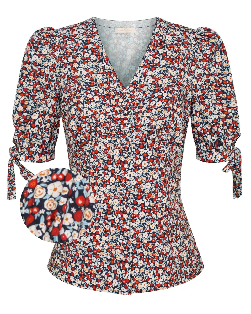 Floral Pattern Short Puff Sleeves V-Neck Button Placket Blouse