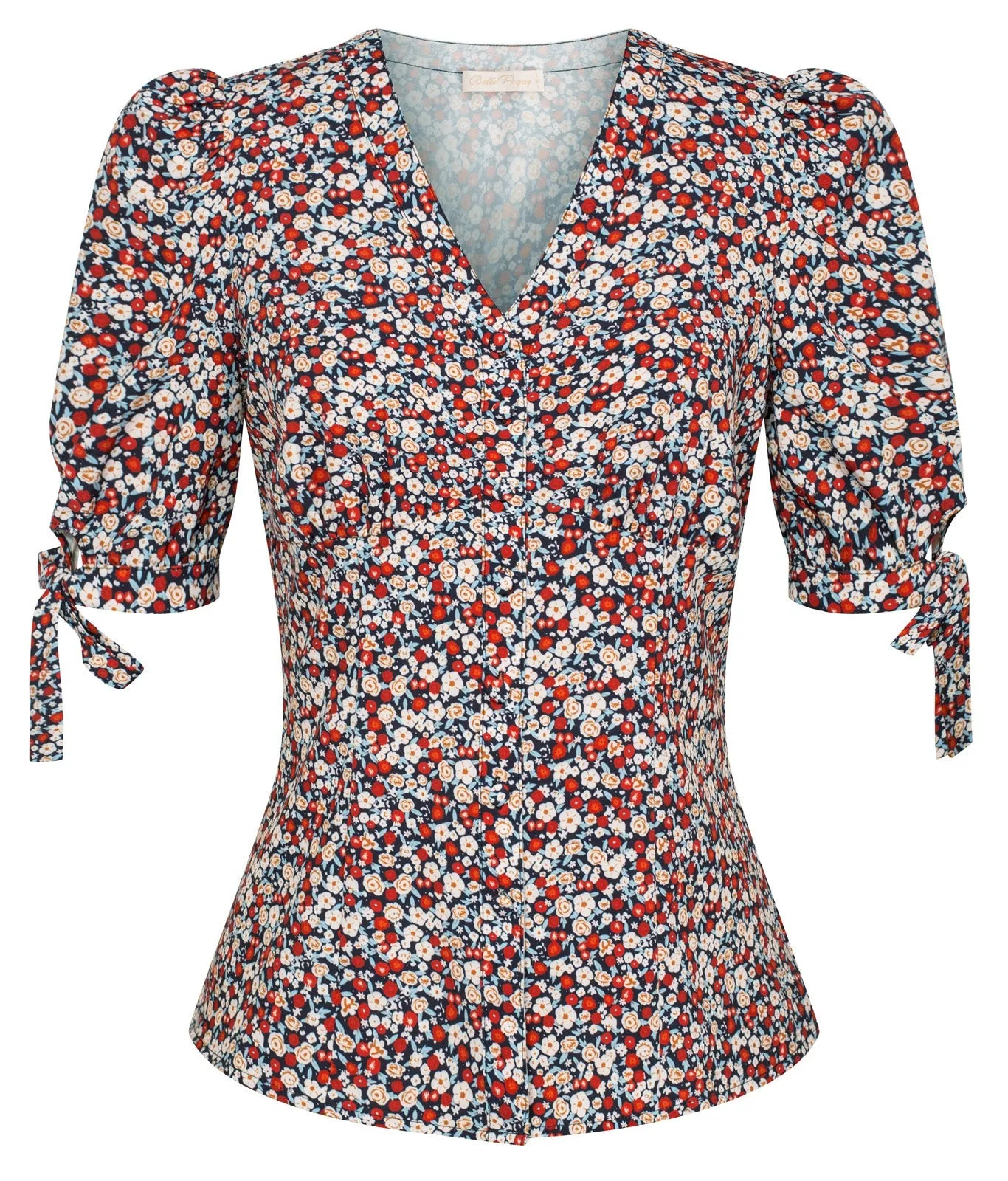 Floral Pattern Short Puff Sleeves V-Neck Button Placket Blouse