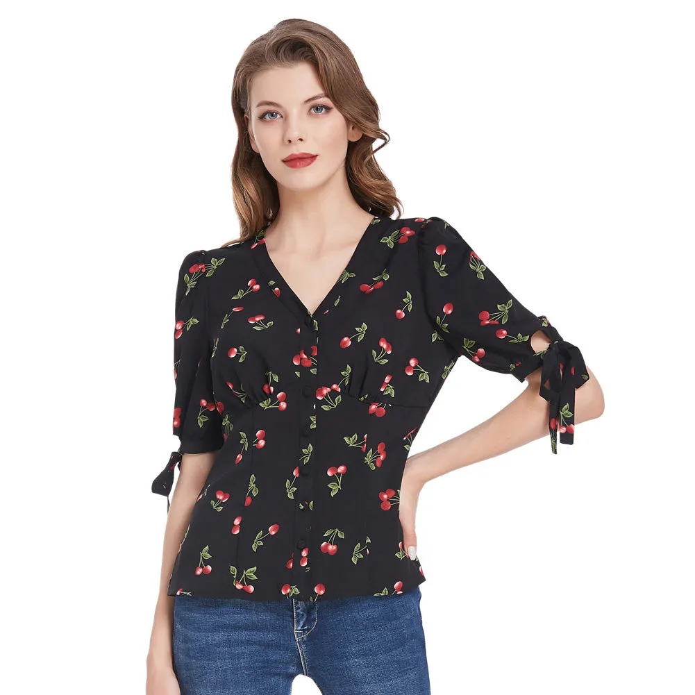 Floral Pattern Short Puff Sleeves V-Neck Button Placket Blouse