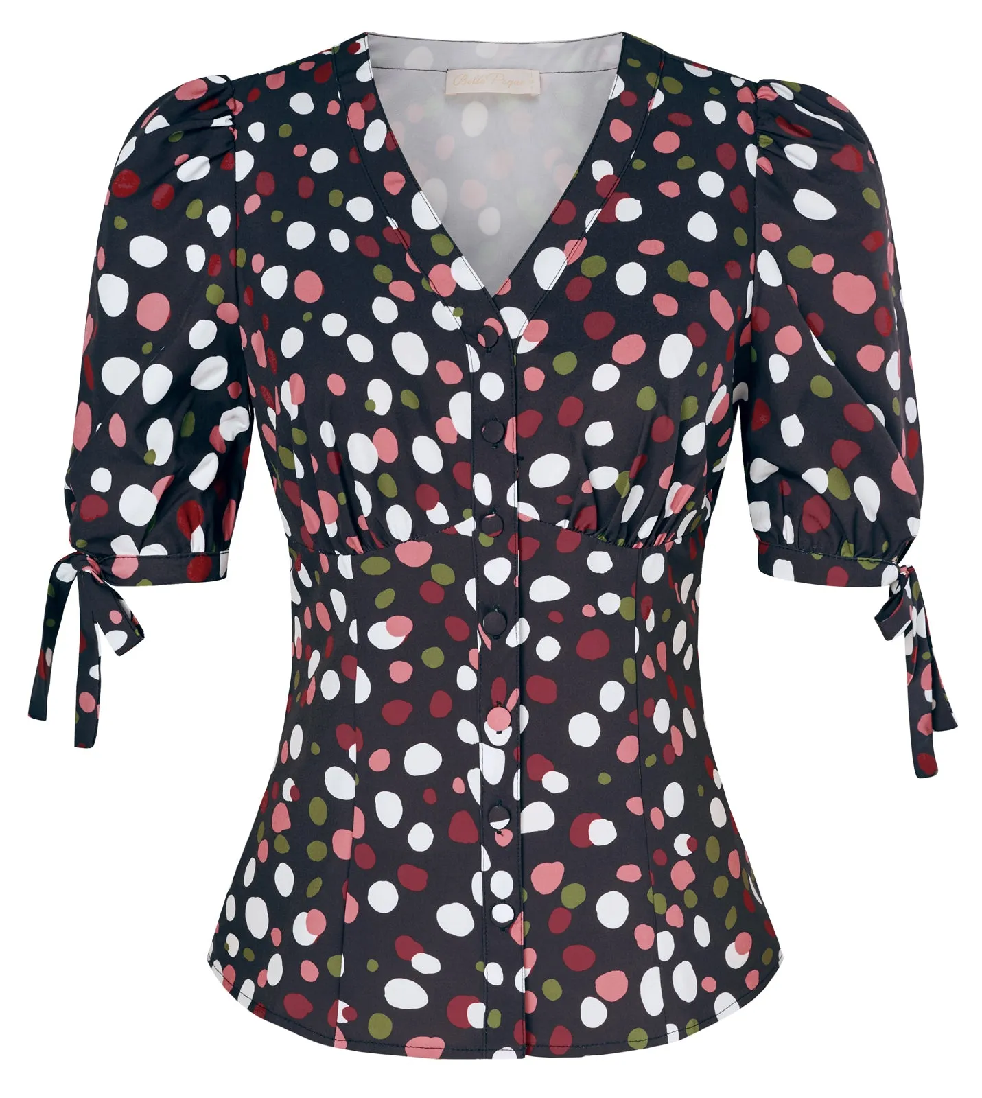 Floral Pattern Short Puff Sleeves V-Neck Button Placket Blouse