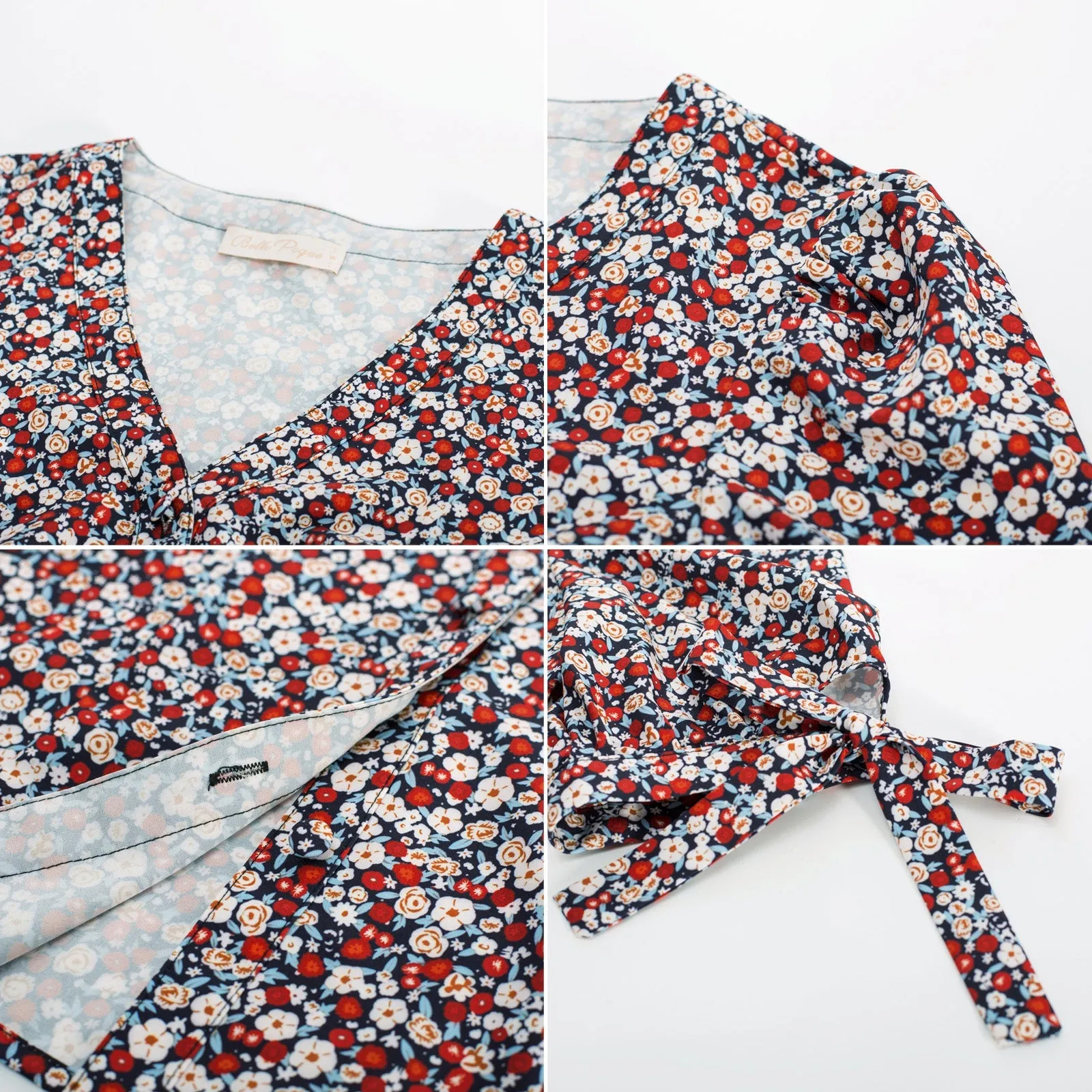 Floral Pattern Short Puff Sleeves V-Neck Button Placket Blouse