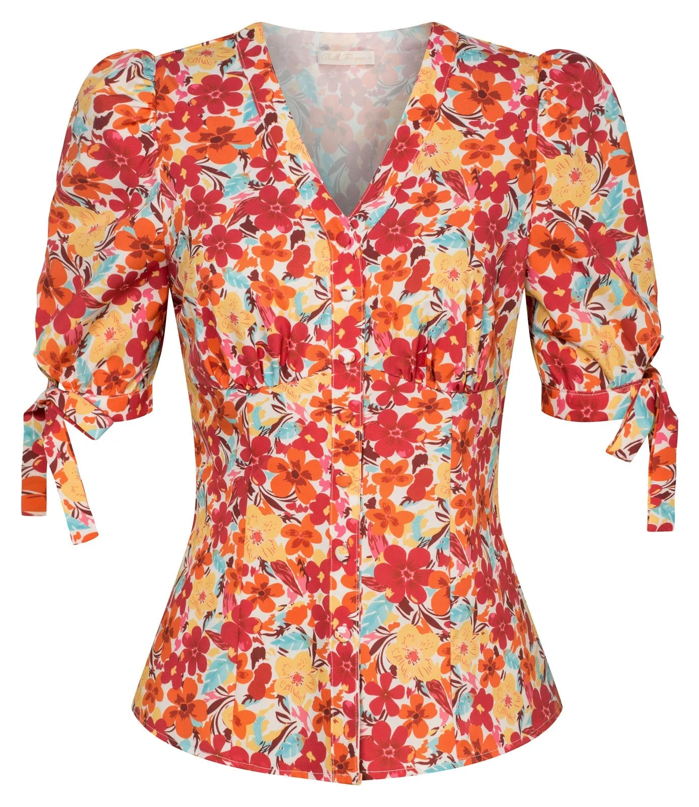 Floral Pattern Short Puff Sleeves V-Neck Button Placket Blouse