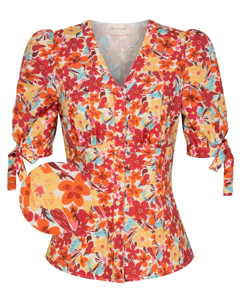 Floral Pattern Short Puff Sleeves V-Neck Button Placket Blouse