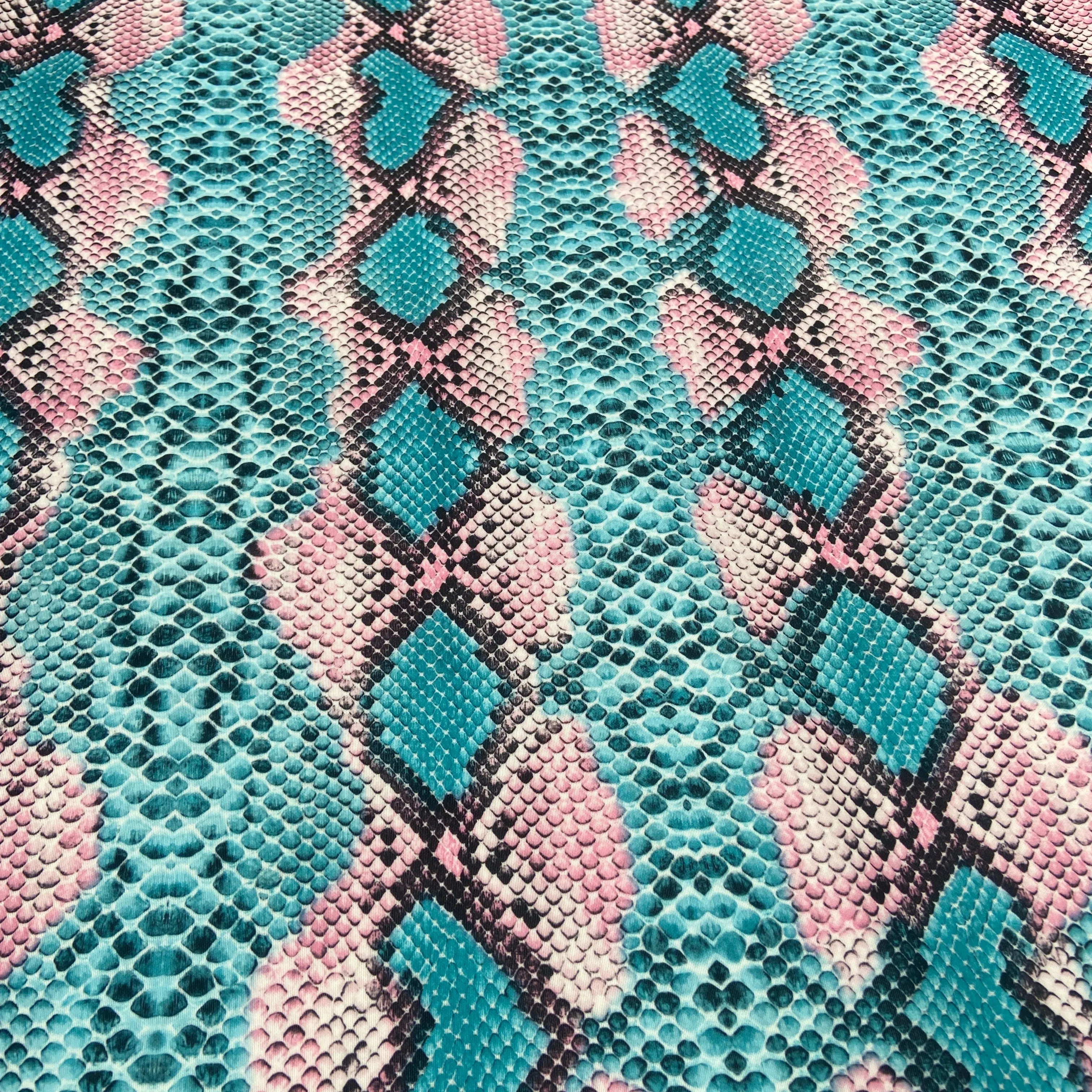 FS062_5 Snake Skin Scuba Stretch Knit Fabric Pink Turquoise