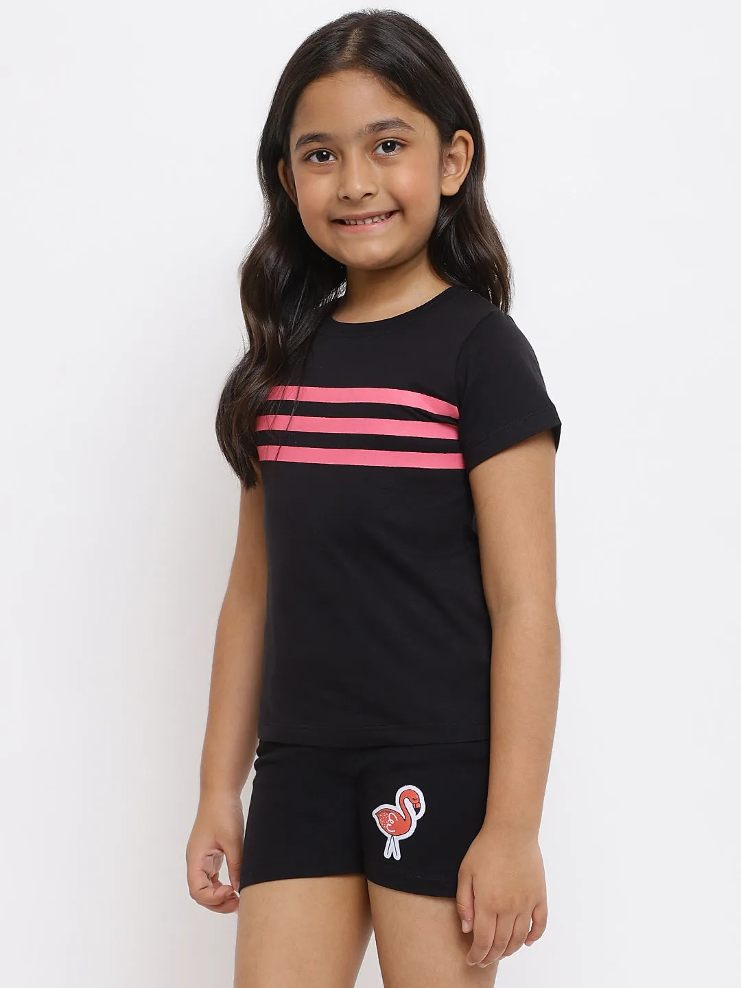 Girls Black Cotton Night Suit