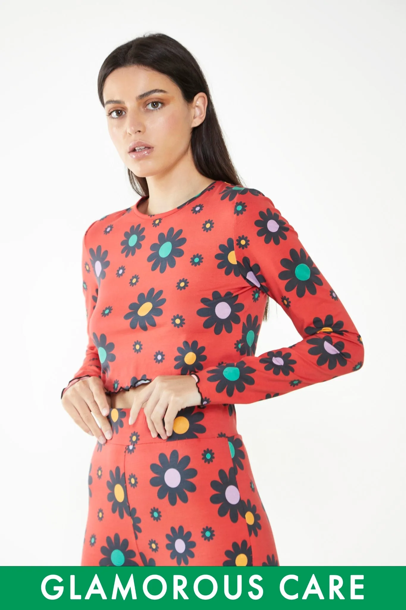 Glamorous Care Red Bright Daisy Long Sleeve Crop Top