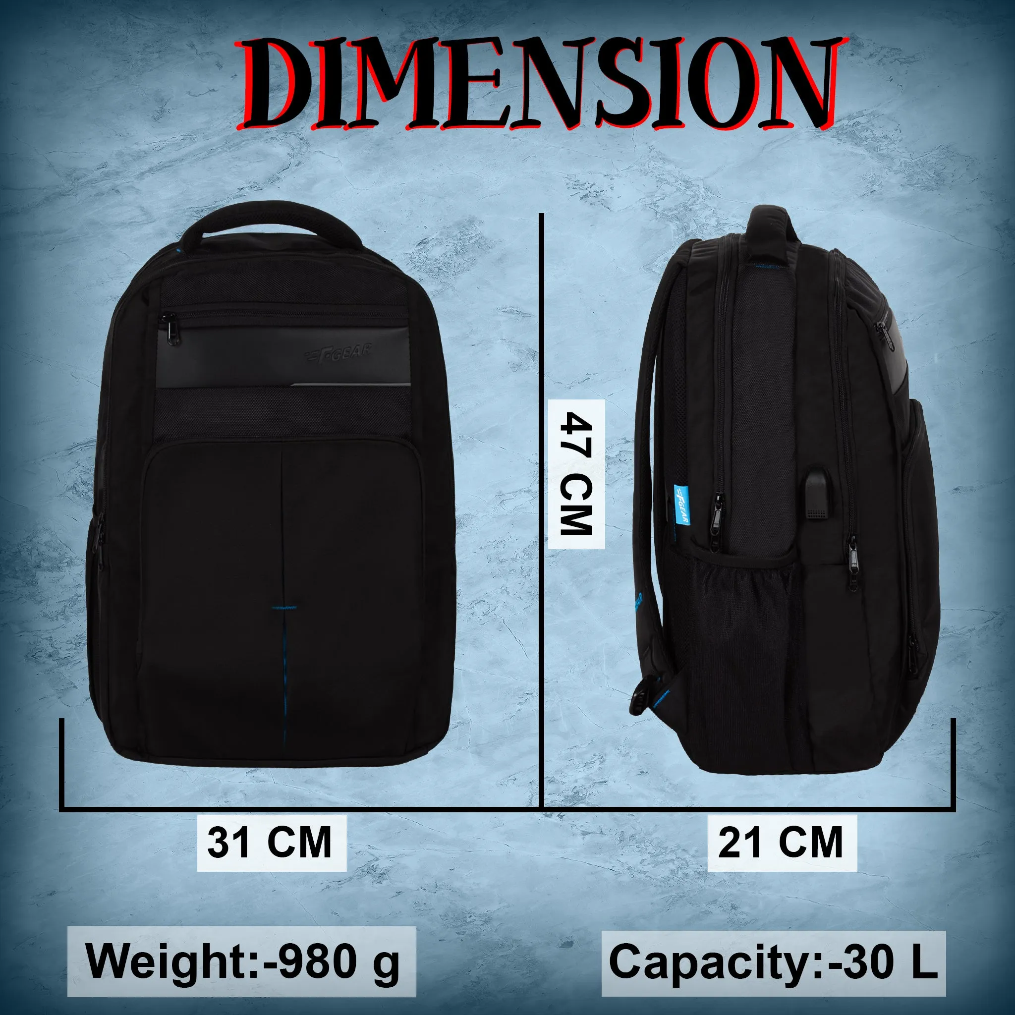 Gravity Black 30L Laptop Backpack with raincover