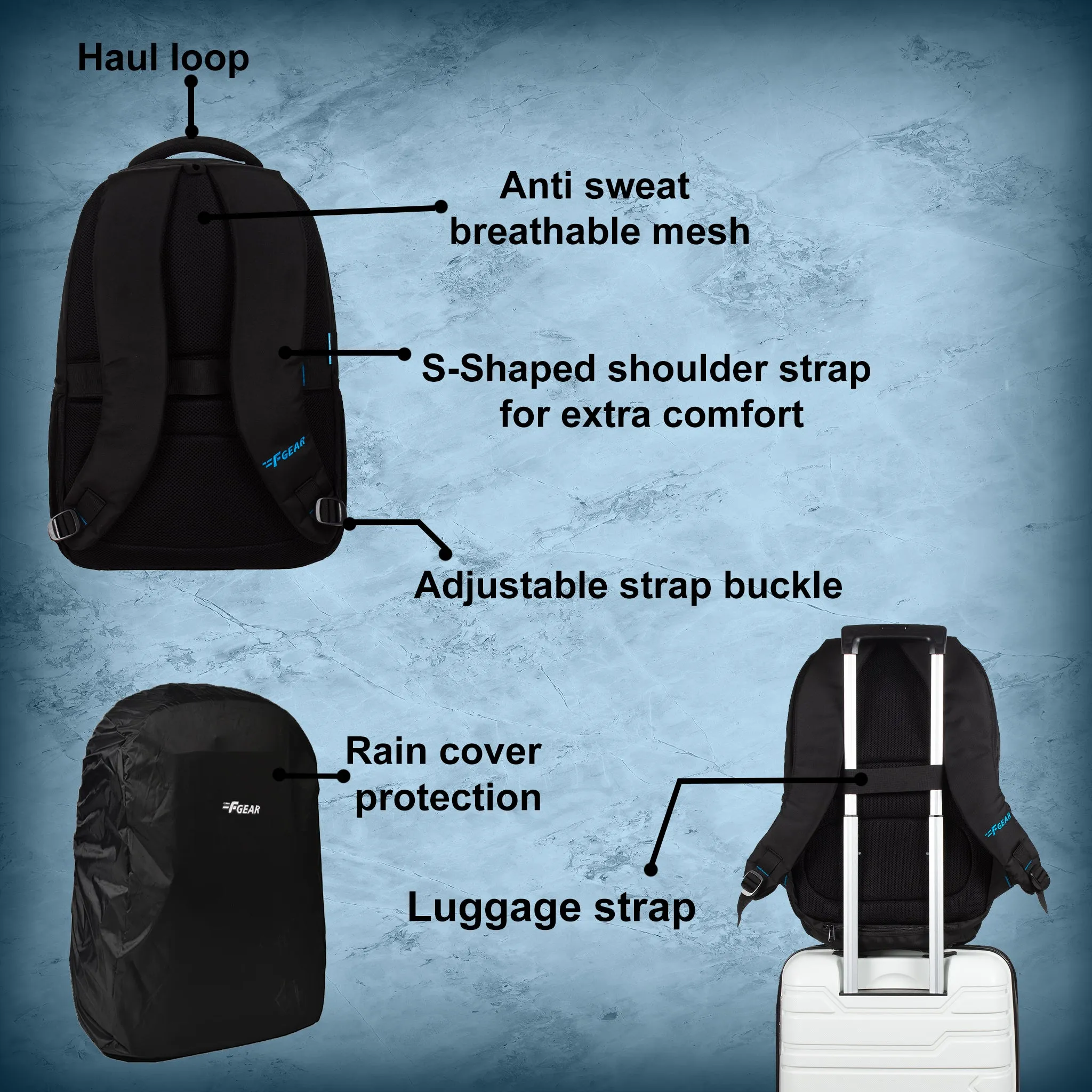 Gravity Black 30L Laptop Backpack with raincover