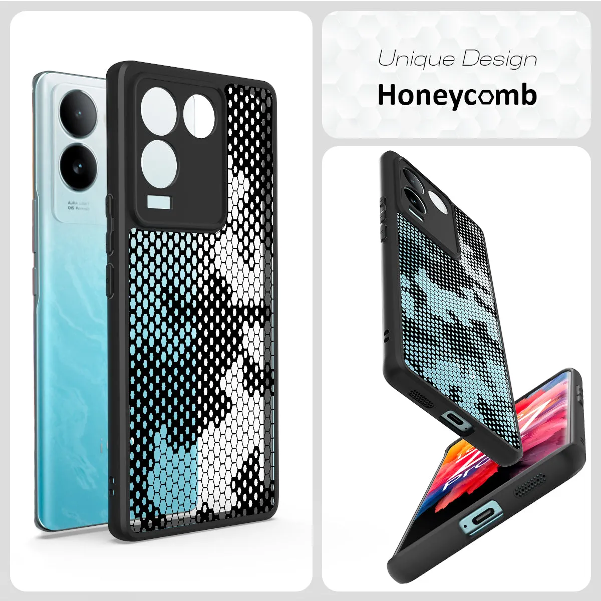 Premium Black Honeycomb Design Back Cover Case for IQOO Z7 Pro/Vivo T2 Pro by FOSO