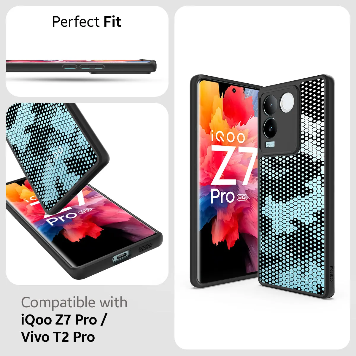 Premium Black Honeycomb Design Back Cover Case for IQOO Z7 Pro/Vivo T2 Pro by FOSO