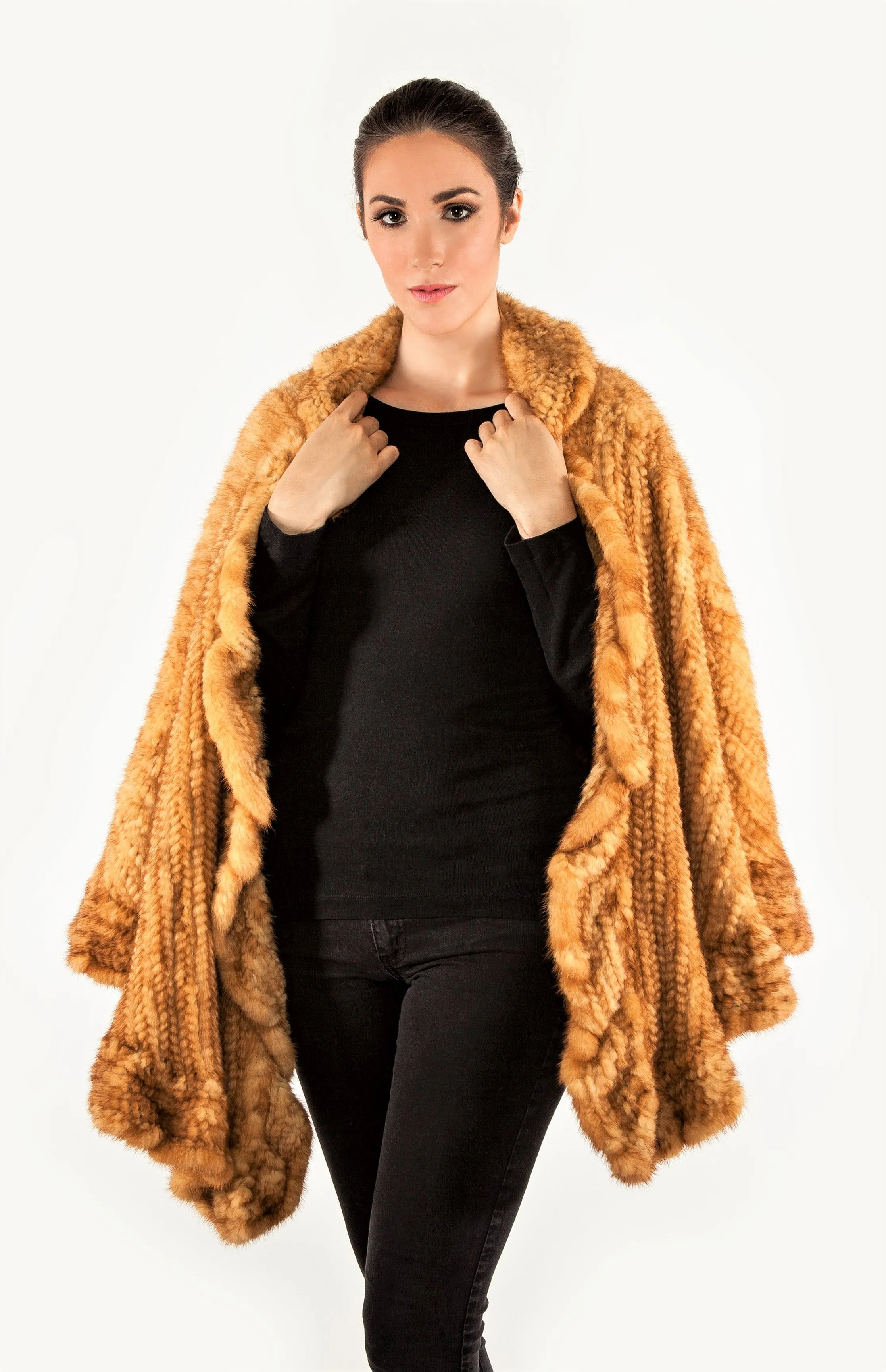 Knitted mink cape with ruffles