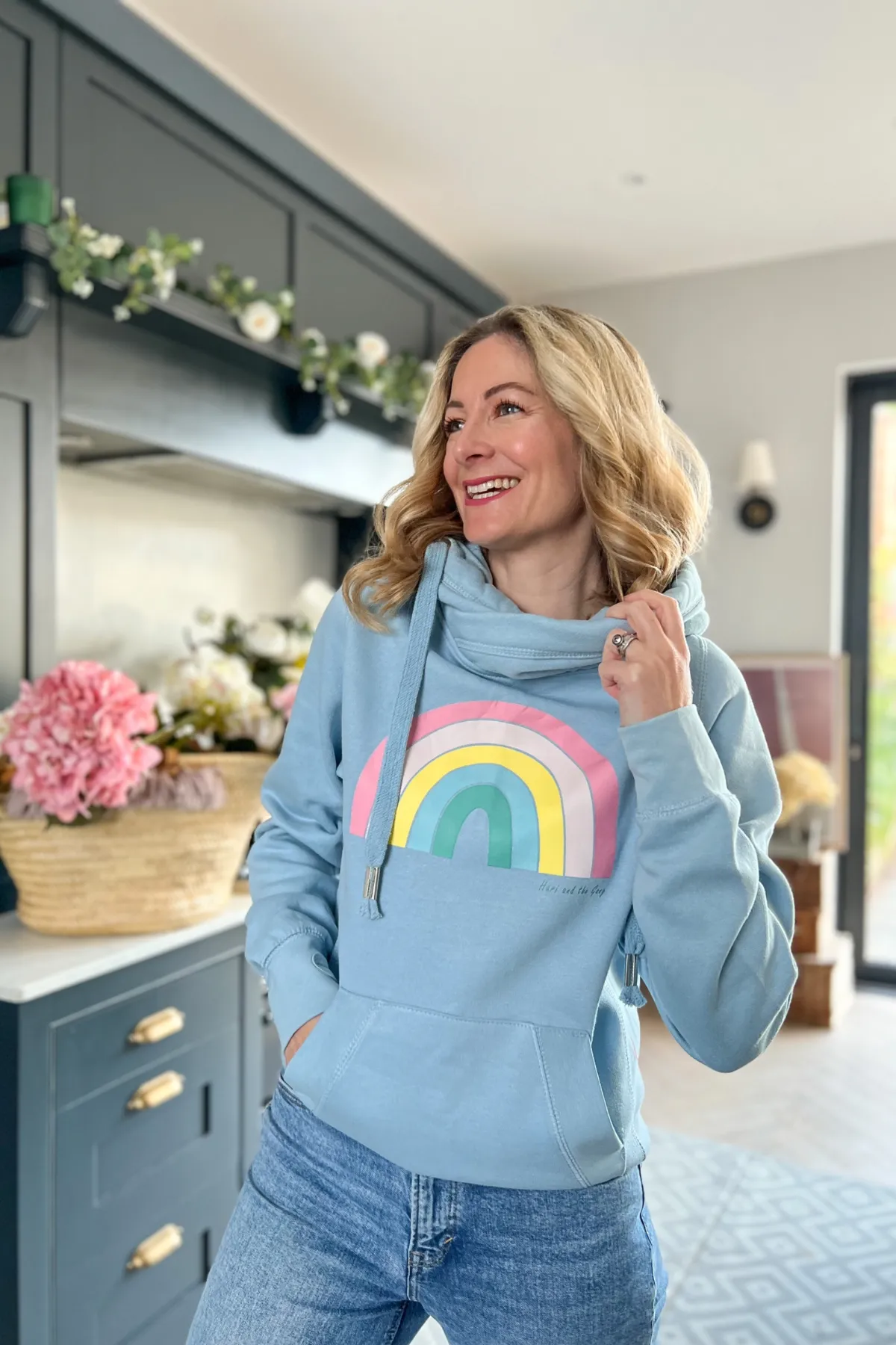 Light Blue Pastel Rainbow Cowl Neck Hoodie