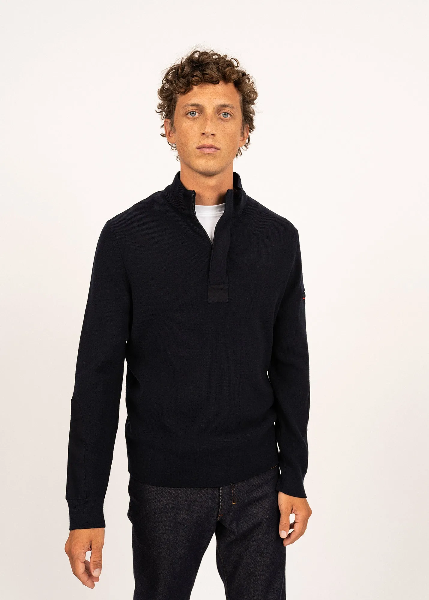 Loup de mer jumper - with zipped high neck, in soft wool (NAVY)