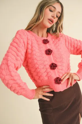 Marcy Textured Cardigan Sweater with Rosette Detail