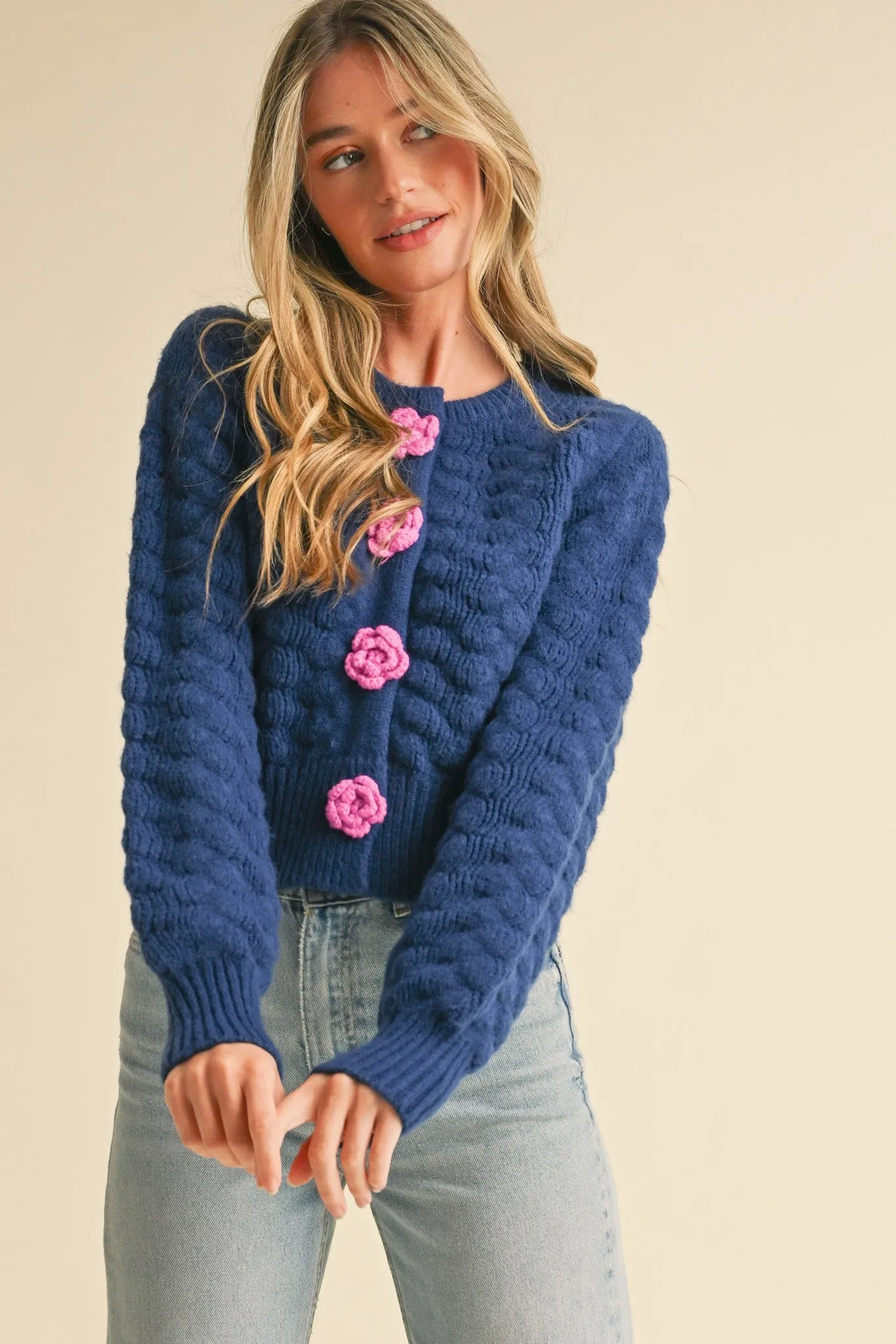 Marcy Textured Cardigan Sweater with Rosette Detail