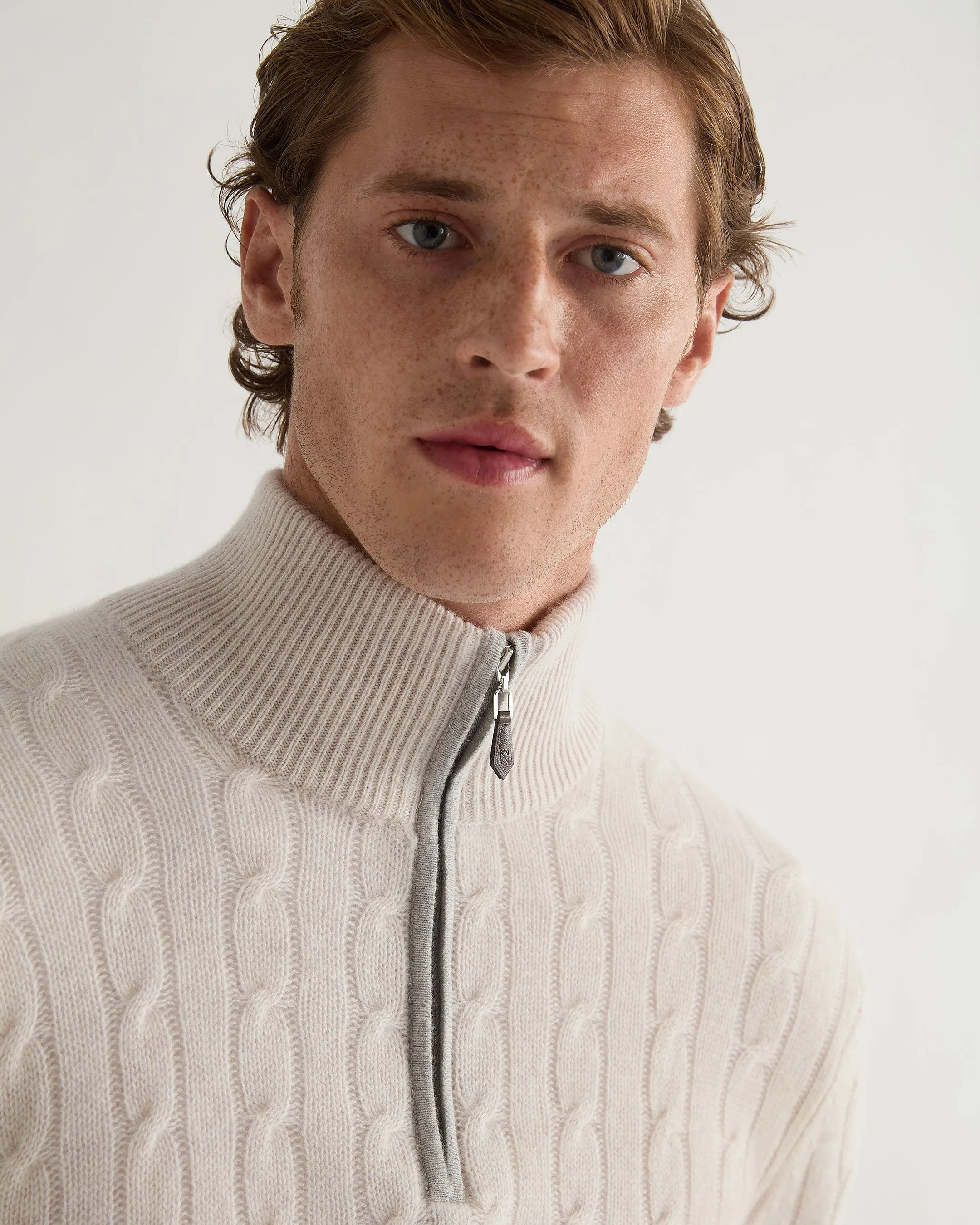 Men's Albemarle Cable Half Zip Cashmere Sweater Frost White