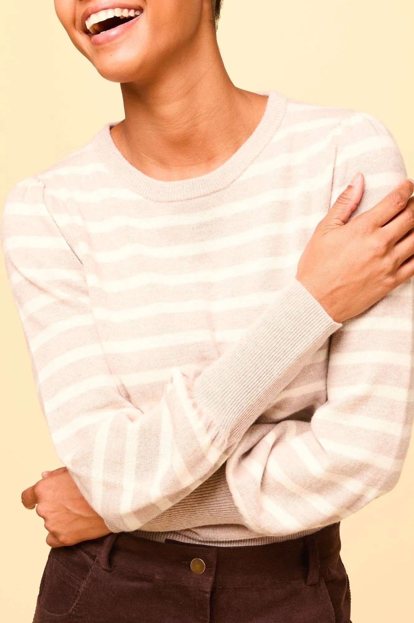 Merino Wool Stripe Crew Neck Jumper | Oat/Cream