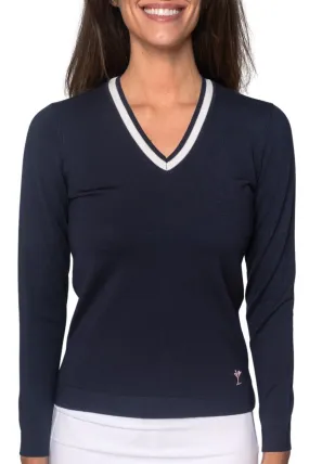 Slim Fit Navy and White V-Neck Stretch Sweater