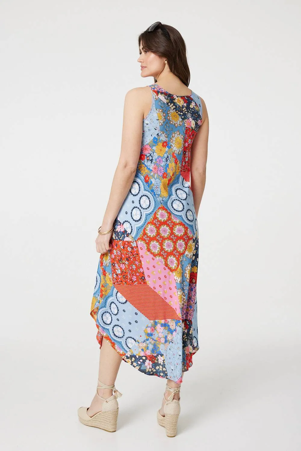 Patchwork Print Sleeveless Midi Dress