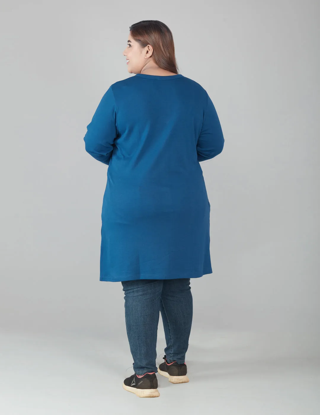 Plus Size Full Sleeves Long Top For Women - Blue