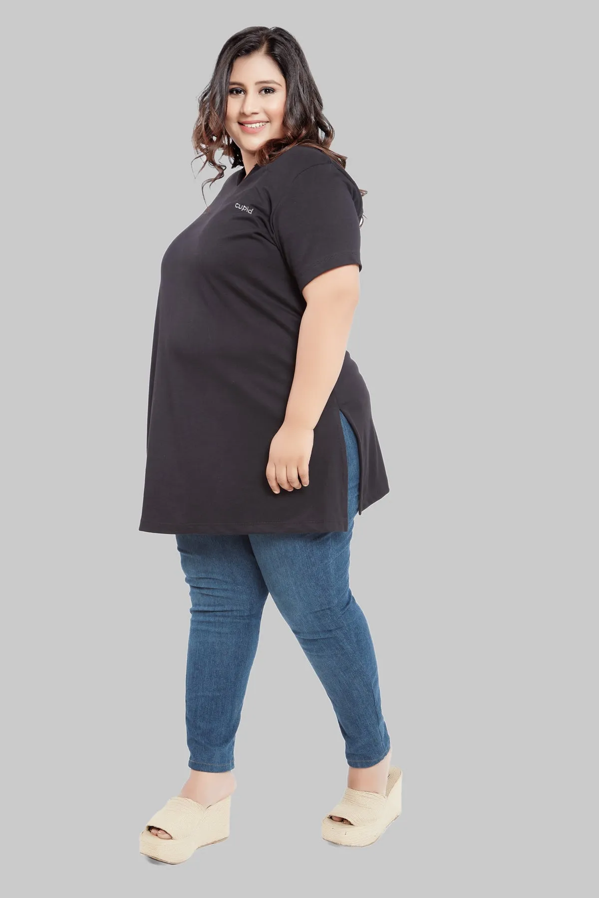 Plus Size Half Sleeves Long Top For Women - Black/Navy Blue/Grey