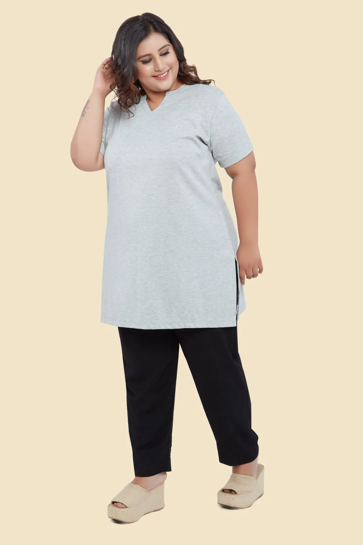 Plus Size Half Sleeves Long Top For Women - Black/Navy Blue/Grey