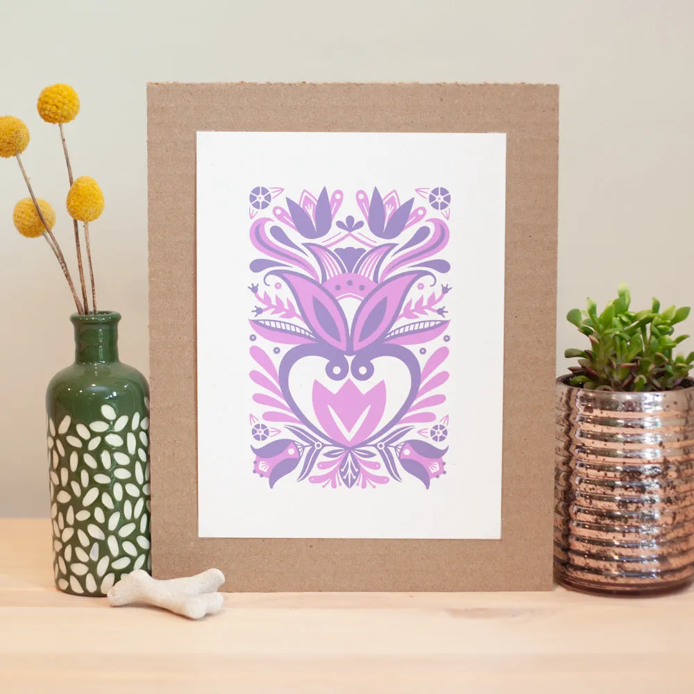 purple folk art print, floral wall art, small original art print for gallery wall, petite print series by exit343design