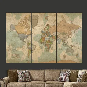 Push Pin World Travel Map - 3 Panel