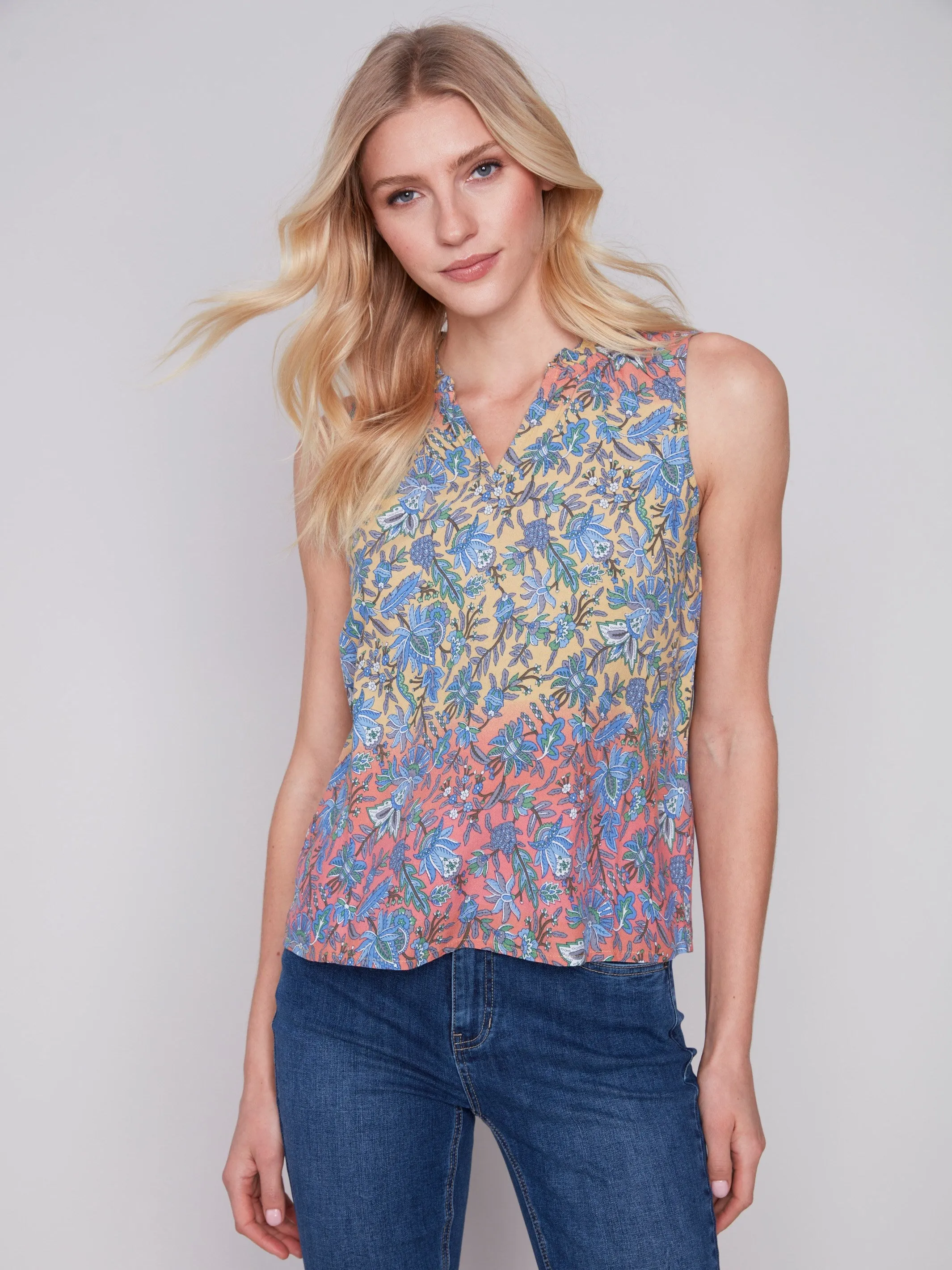 Sleeveless Printed Ruffle Neck Blouse - Glory