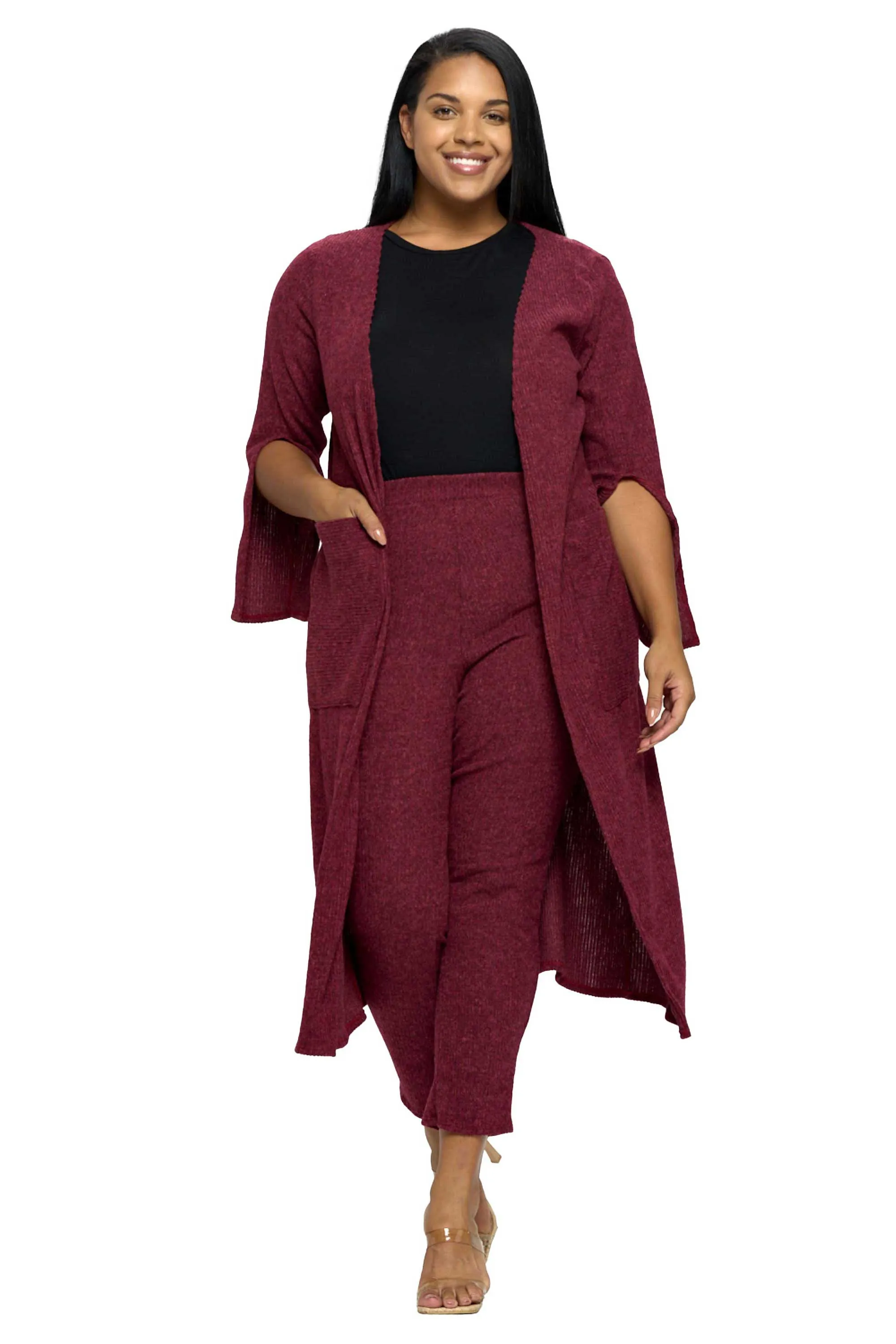 Split Sleeve Cardigan and Pants Set