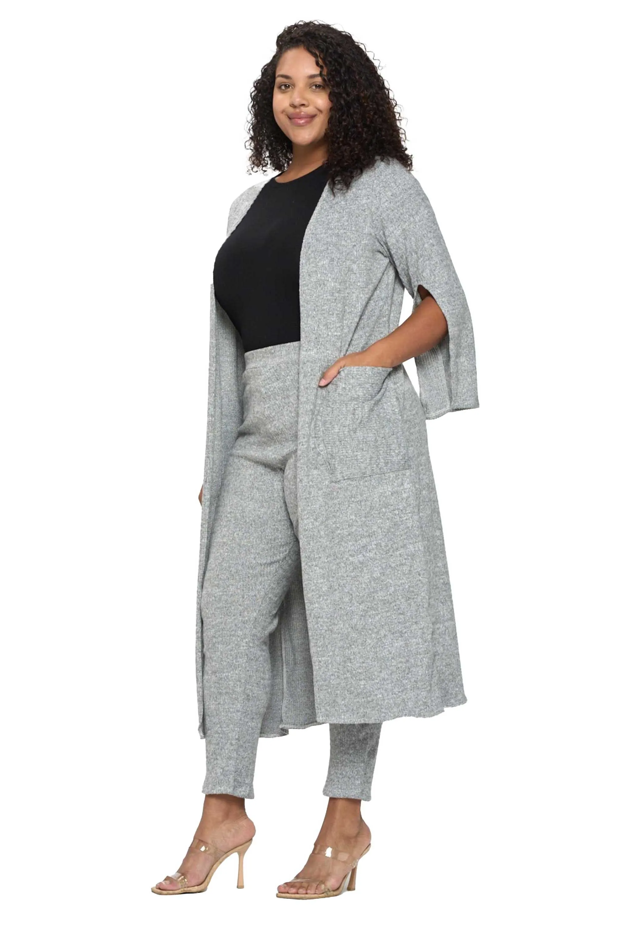 Split Sleeve Cardigan and Pants Set