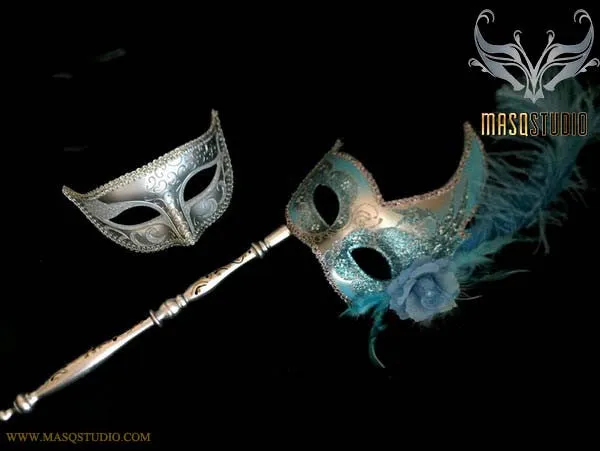 Turquoise Silver Venetian Couple Feather Masquerade Stick Mask Pair