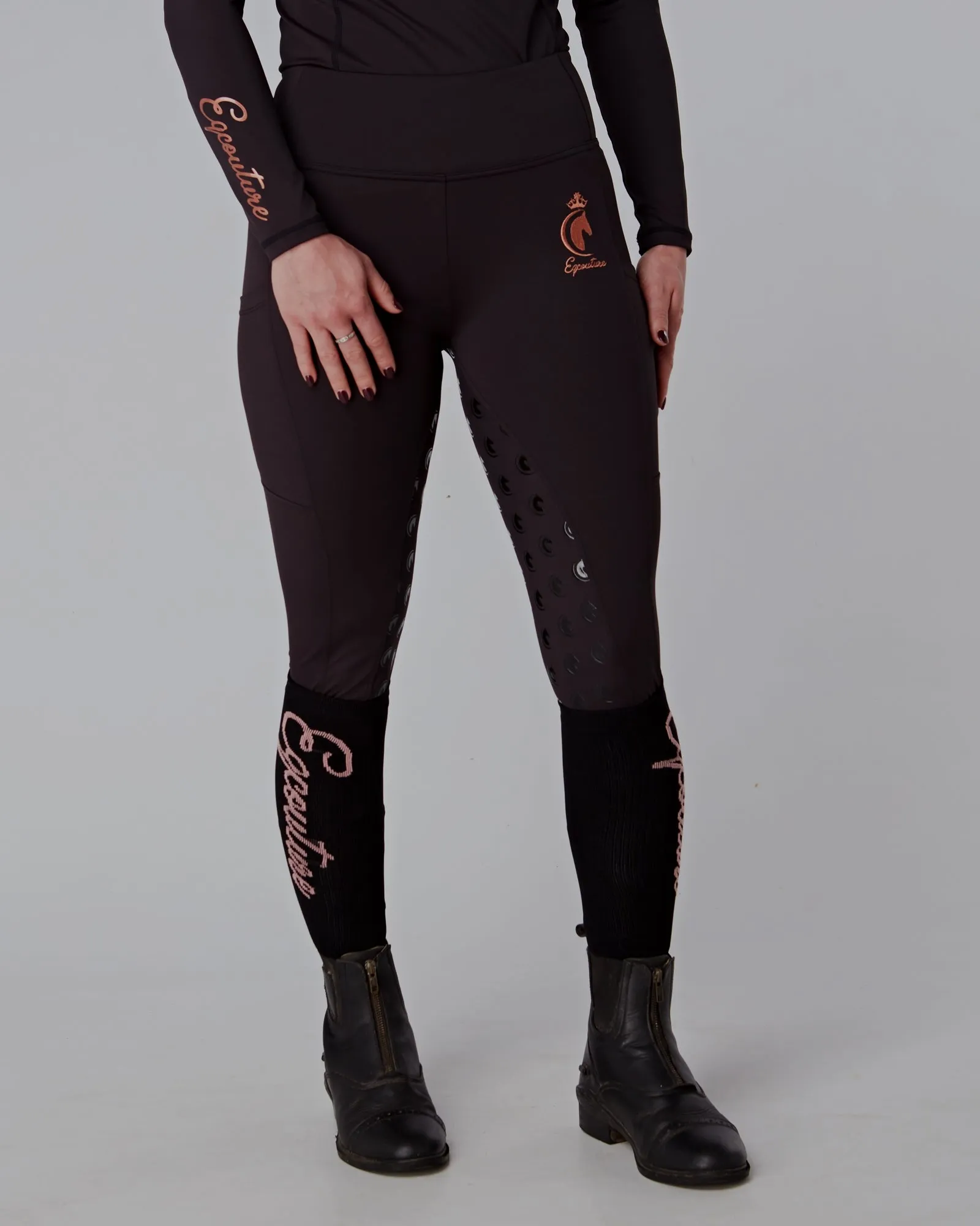 WINTER Thermal Rose Gold & Black Riding Leggings / Tights with Phone Pockets - WATER RESISTANT