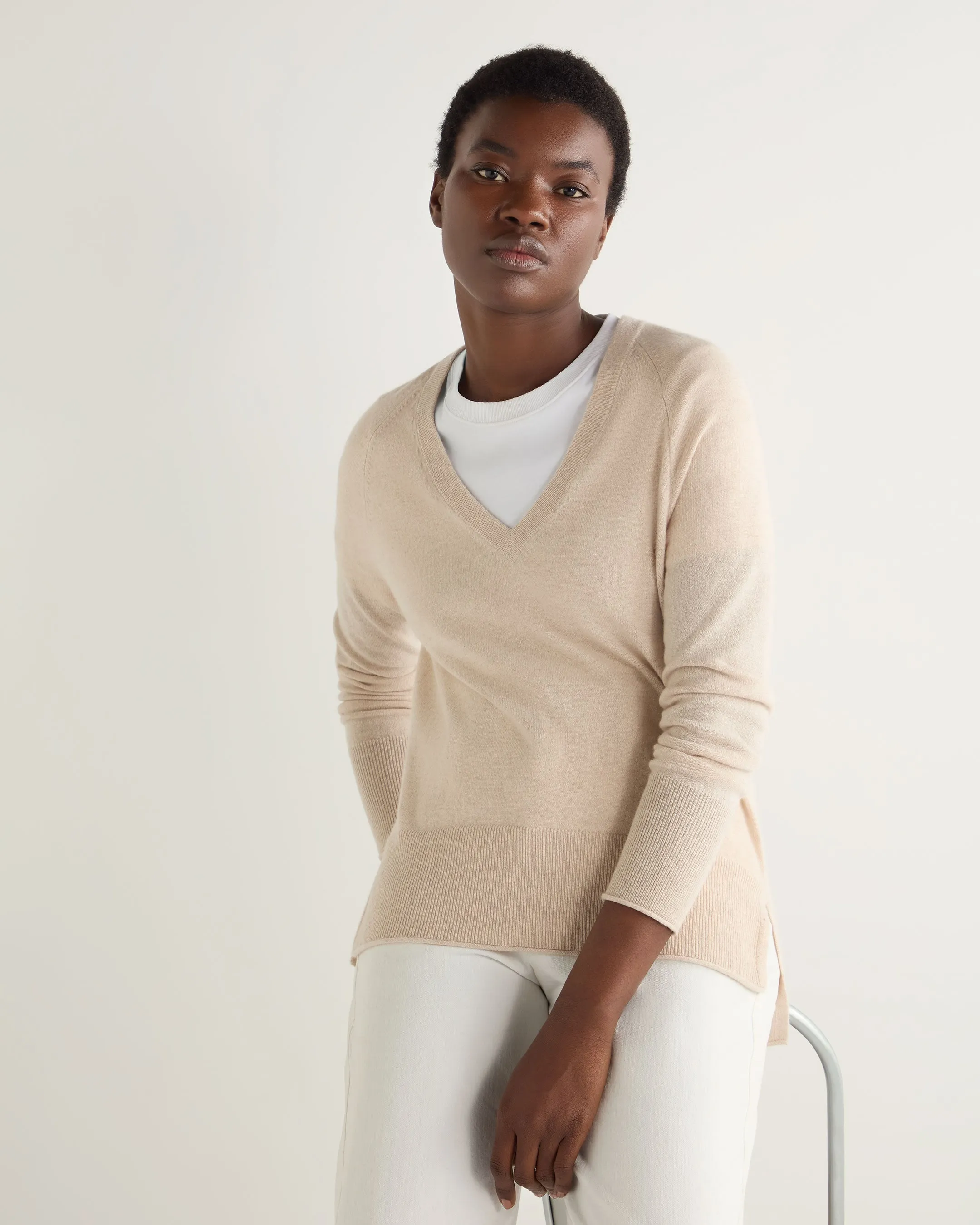 Women's Relaxed V Neck Cashmere Sweater Ecru White